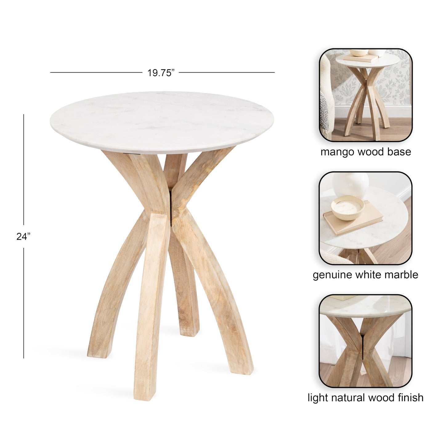 Kate and Laurel Soleyn Coastal Wood and Authentic Marble Side Table, 20 x 20 x 24, White Marble and Light Natural, Round Marble End Table for Use as Bedroom Nightstand or Living Room Accent