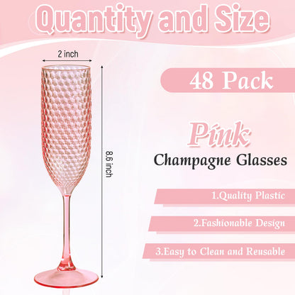 Pesonlook 48 Pack Plastic Champagne Glasses Pink Reusable Diamond Crystal Clear Wine Glasses Diamond Wine Cups Vintage Drinking Glasses for Wedding Reception, Grand Event Party Supplies