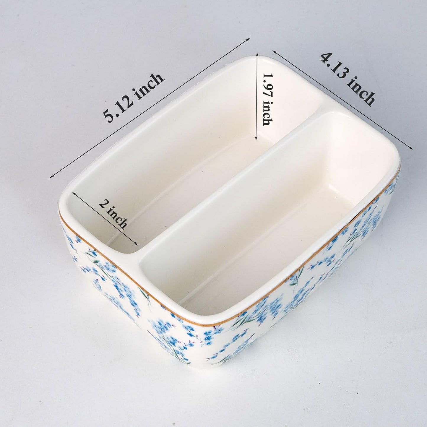 2 Countertop Compartments Ceramic Sponge Holder for Kitchen Sink, Cute Floral Dish Sponges Holder Soap Sink Organizer