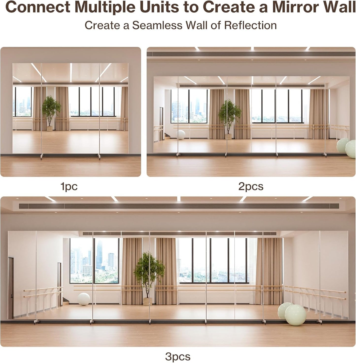 Full Length Stand Up Mirror on Wheels,63''×67'',Large Tri-Fold Floor Mirror with Stand,Movable 3-Way Full Length Standing Mirror for Gym, Dance Studio, Fitness Room, and Home (Silver)