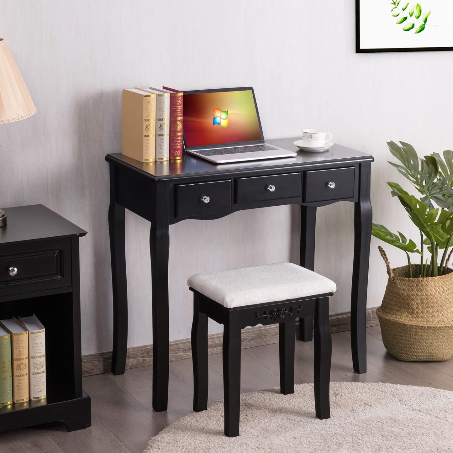 LDAILY Vanity Set with 10 Dimmable LED Bulbs, Vanity Desk with Rotating Lighted Mirror, Cushioned Stool & 5 Drawers, Modern Easy Assembly Bedroom Dressing Table for Girls Women (Black)