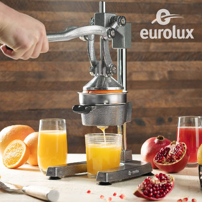 Eurolux Ultra-Premium Cast Iron Juicer | Extra-Large, Heavy Duty, Commercial Grade, Stainless Steel Manual Hand Press Citrus Squeezer For Fresh Orange Juice, Pomegranate, Lemon, and Much More (Gray)