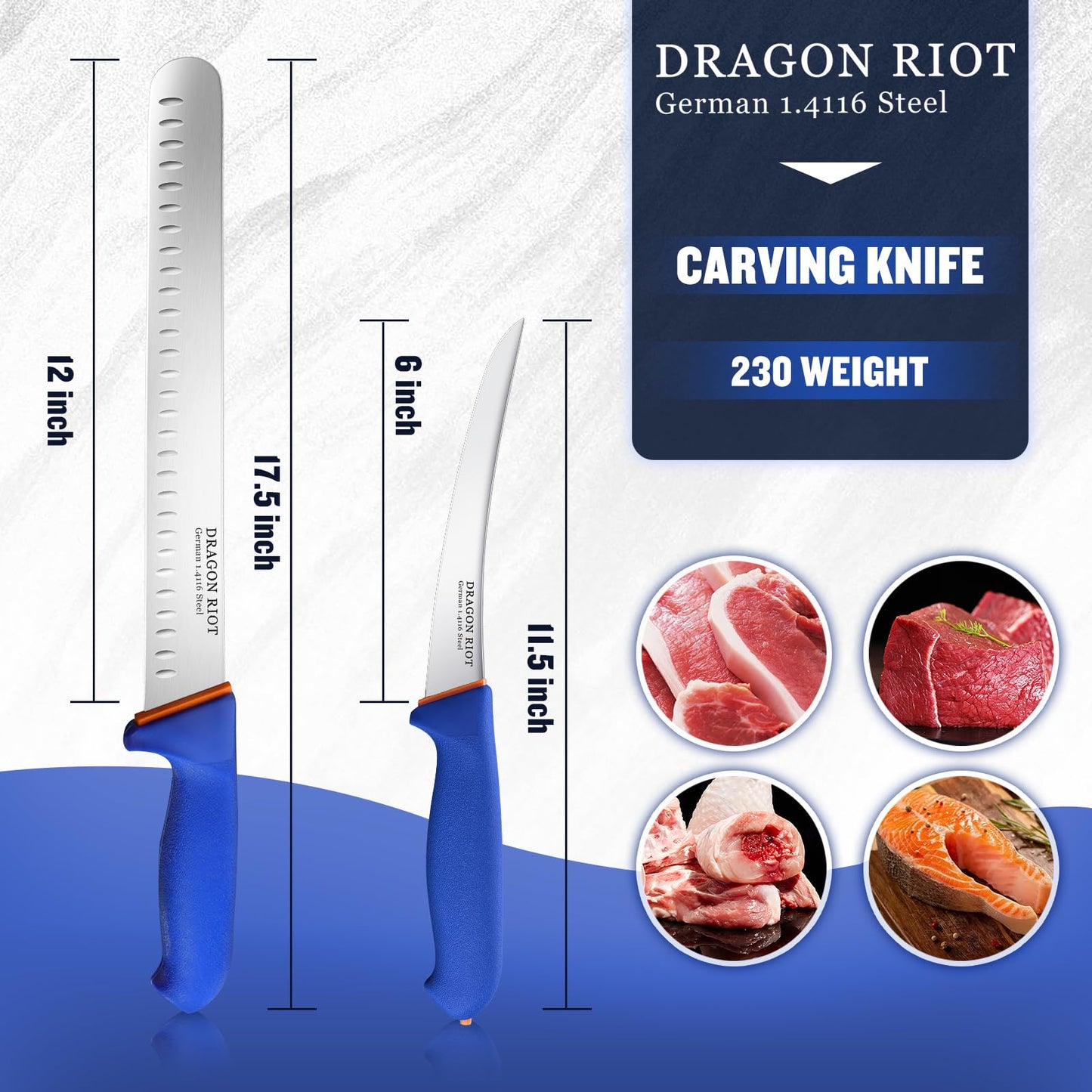 DRAGON RIOT Carving Knife Set for Meat 12 Inche Meat Slicing Knife and Boning Knife and 6 Inch Curved Beef Brisket Trimming Bundle