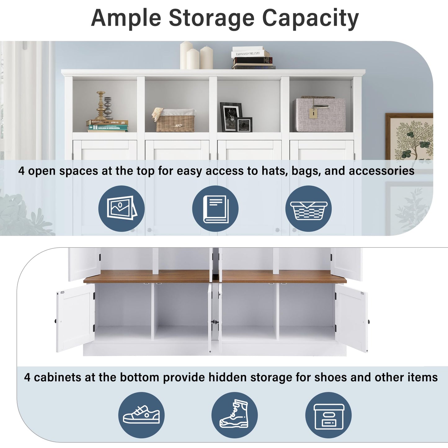 Hall Tree with Bench and Shoe Storage, Entryway Coat Rack with Cabinet, 4-in-1 Mudroom Bench with Hooks and Open Cubbies, Clothes Rack for Hanging Closet, Entryway Organizer for Hallway Living Room,A1