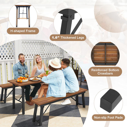 Tangkula Outdoor Dining Table With Benches for 4-6 Persons, No Assembly Foldable 59 Inches Narrow Patio Dining Table with Acacia Wood Top & Heavy Duty Metal Frame, for Yard, Garden, Poolside or Indoor