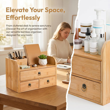 Nicunom Bamboo Desk Organizer, 3-Tier Bamboo Tabletop Storage Organization Multifunctional Desktop Organizer with Drawers for Home Office Toiletries Supplies Vanity
