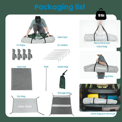 Porayhut Portable Camping Shower Tent Deluxe Changing Room Easy Set Up Privacy Shelter,Large Toilet Tent 2 Rooms with Floor Drain Design for Beach, Camping,Hiking with Stakes and Ropes for Stability