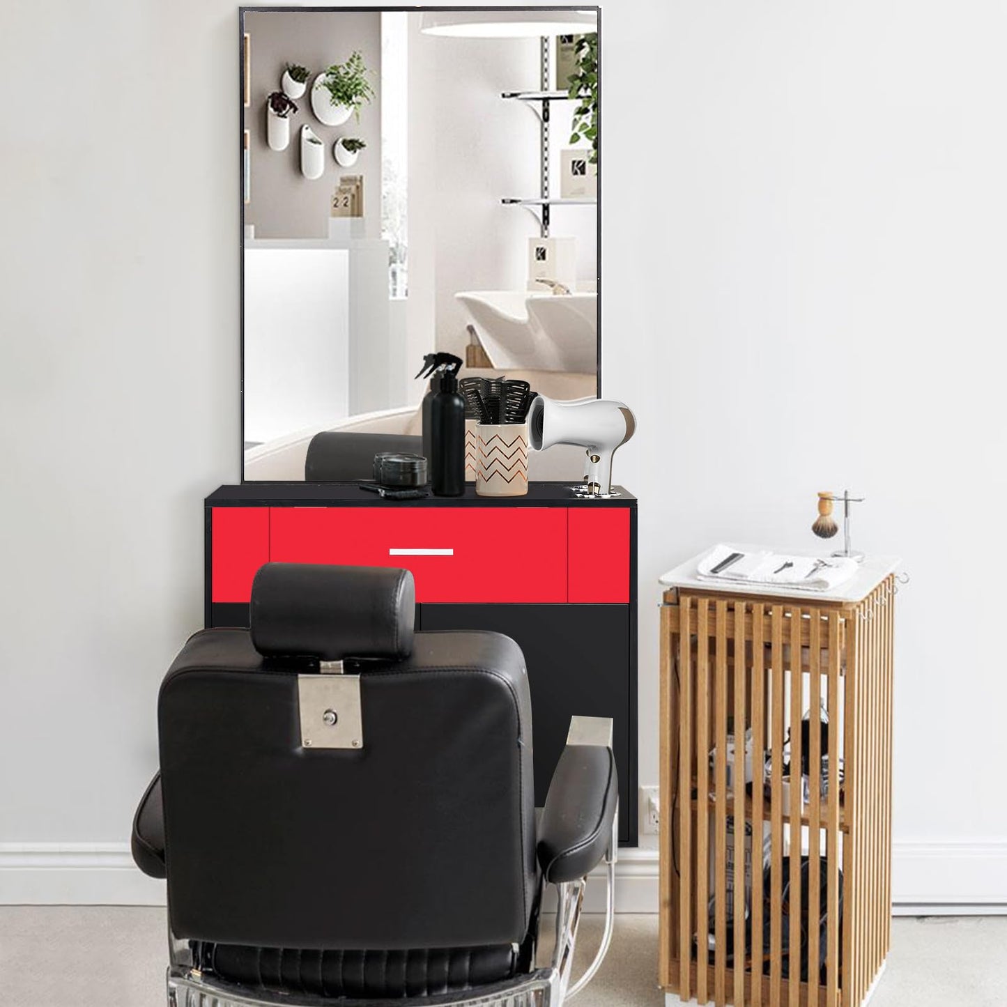 Red Salon Cabinet with Mirror, Professional Hair Styling Station for Home, Makeup Vanity Table Salon Furniture Barber Cabinet Storage Organizer Beauty Salons Equipment