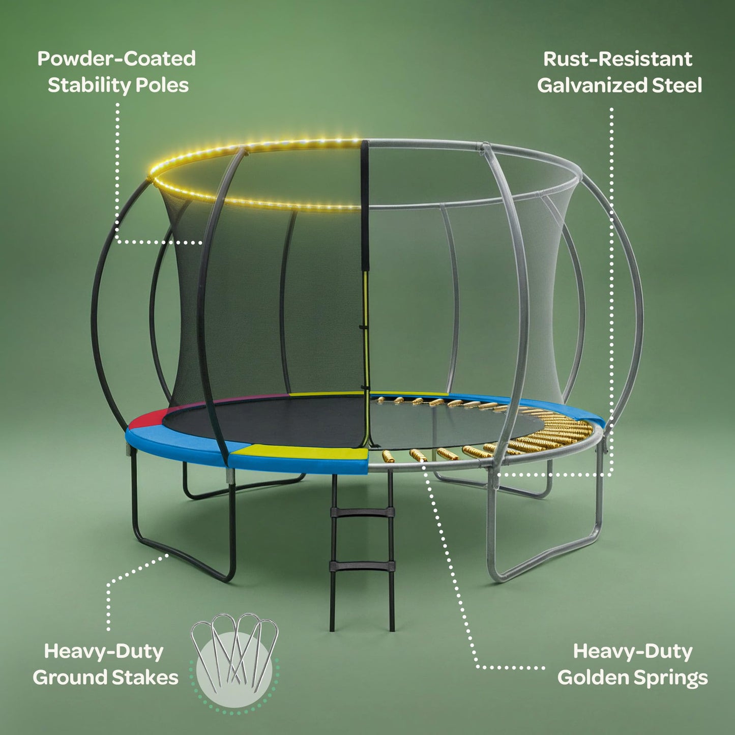 JoyBerri Trampoline Outdoor - Upsurge ASTM Certified Safe 8Ft 10Ft 12Ft 14Ft 15Ft 16Ft Recreational Trampoline for Kids and Adults. Anti-Rust Coating with Enclosure Net, Ladder, Sprinkler & LED Lights