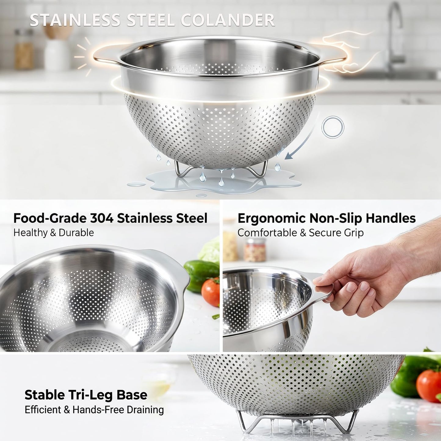 QBGSFSYG 18/8 Stainless Steel Colander for Kitchen - Fine Mesh Strainer with Handle - Rice Strainer Fine Mesh for Vegetables, Fruits, Eggs, Noodles and Pasta, Collander, Dishwasher Safe (4QT)