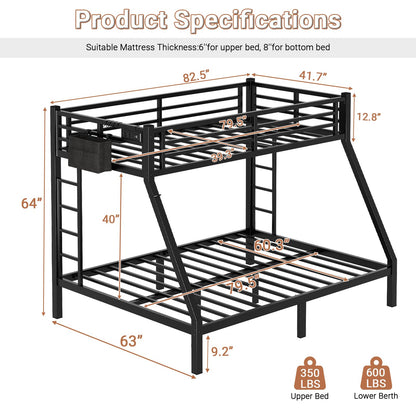 XUWANSHANG Twin XL Over Queen Bunk Bed Frame, Heavy Duty Metal Loft Bed for Adults/Teens, 350/600LB Capacity w/Ladder & Guardrail, Noise-Free Steel Slats, No Box Spring Required, Black