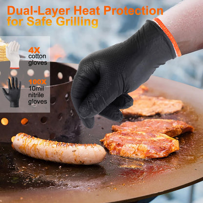 ANBOSON BBQ Gloves for Grilling Disposable Heat Resistant - 100 Nitrile Gloves + 4 Reusable Cotton Liners for Barbecue Smoker, Cooking Hot Meat - 10Mil Thick, Non-Slip Grip - Black Large