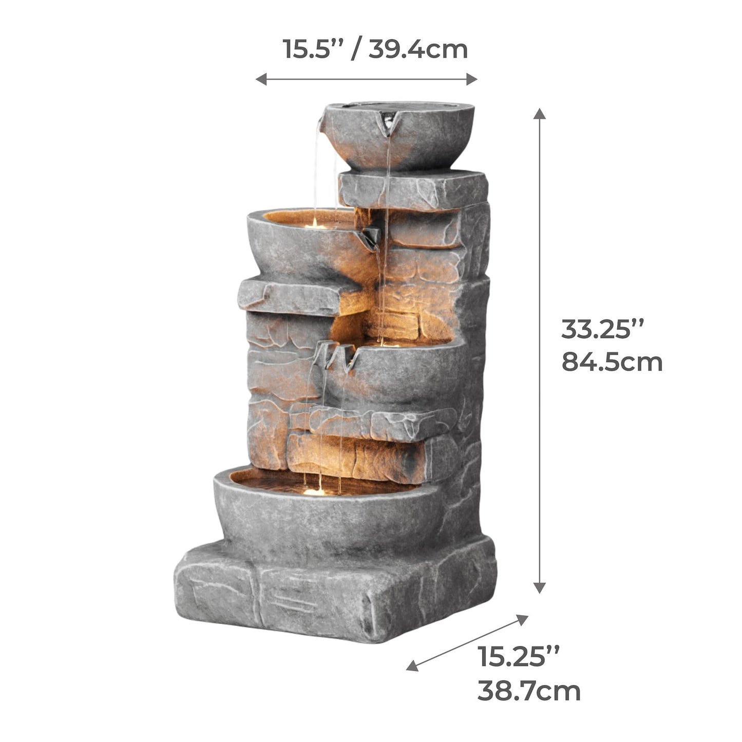 Teamson Home 33" Outdoor Water Fountain with LED Lights, 3-Tier Cascading Bowls, Weather-Resistant Resin Garden Water Feature for Patio, Lawn, and Backyard Decor – Stone Gray