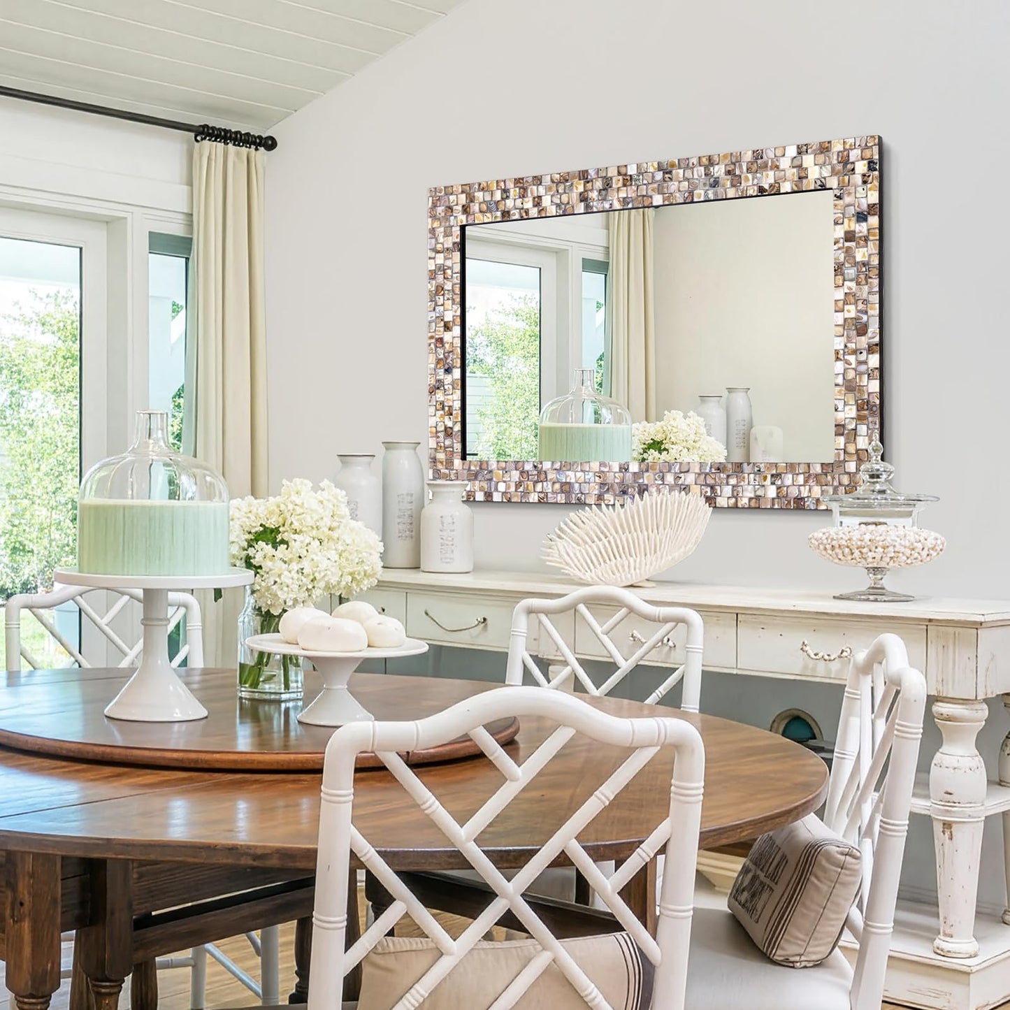 Large 36''x24'' Bathroom Mirror with Mosaic Frame, Modern Decorative Mirror with Handcrafted Mother of Pearl, Rectangular Wall Mounted Mirror for Entryway, Living Room, Fireplace Coastal Style