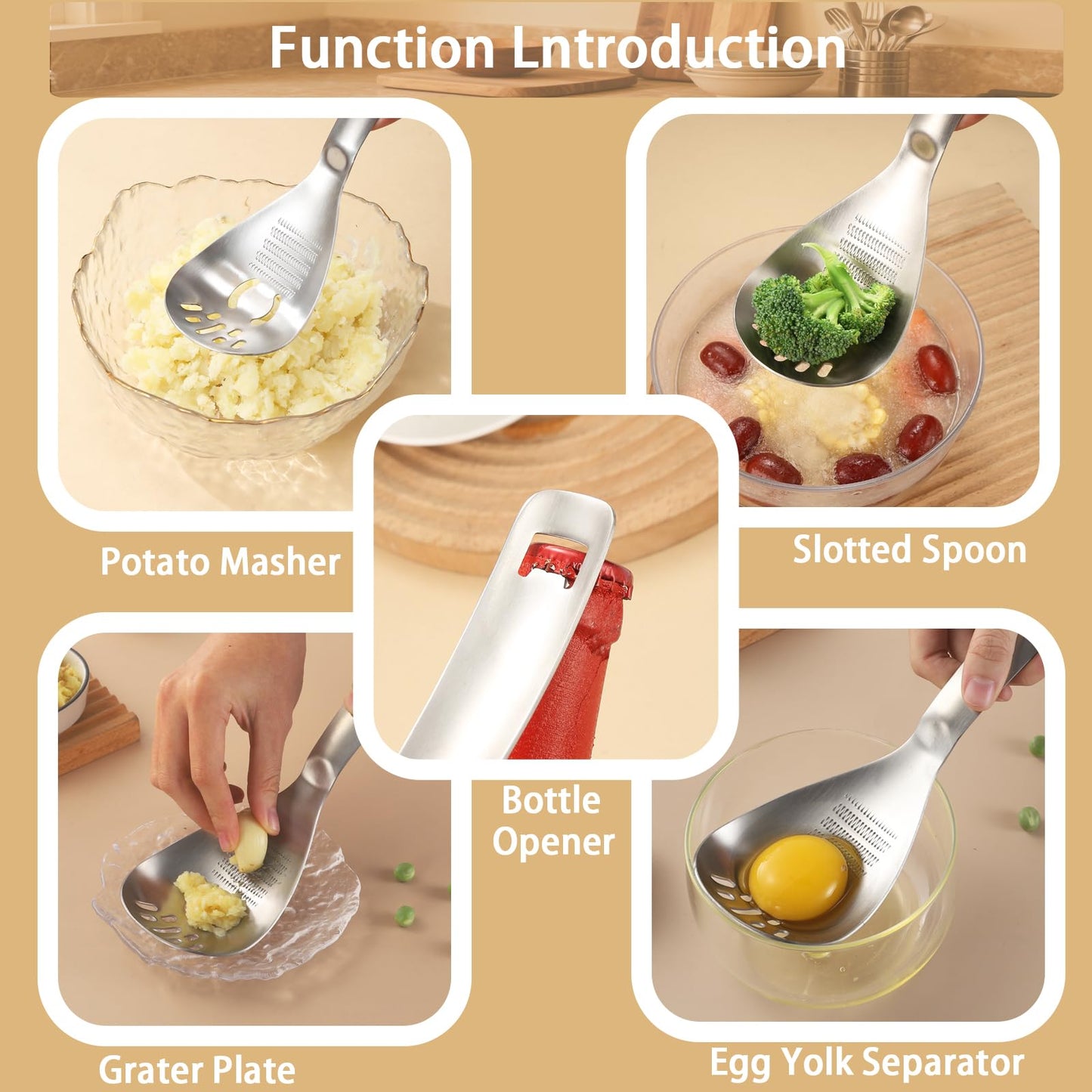 MEIYUSHENG 304 Stainless Steel Multi-Function Pasta Cooking Spoon: Comes with Potato Masher, Egg Yolk Separator, Grater Plate, Bottle Opener & Slotted Spoon