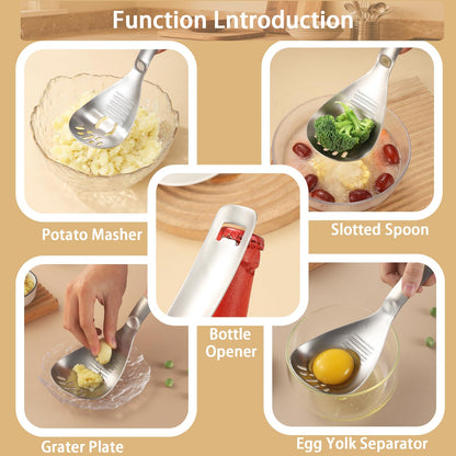 MEIYUSHENG 304 Stainless Steel Multi-Function Pasta Cooking Spoon: Comes with Potato Masher, Egg Yolk Separator, Grater Plate, Bottle Opener & Slotted Spoon