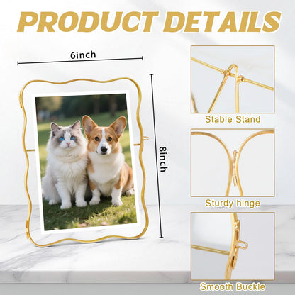 Himitimi Double Glass Frame for Pressed Flowers, 6x8 Inch Handmade Wave Pressed Flower Frame Metal Floating Picture Frame for Tabletop Display DIY Artwork Home Decor(Gold)