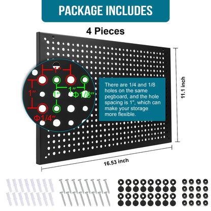 Daanxw 4 Pack Heavy Duty Steel Pegboard Garage Organization Panels,Universal 1/8 and 1/4 Pegboard Accessories,Suitable for Tool Storage,Garage Storage etc. (Black, 16X10.5)