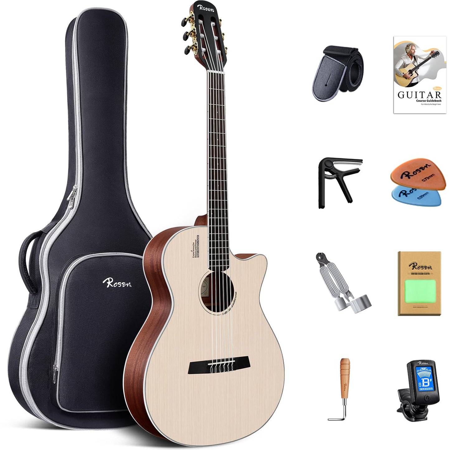 Rosen V1 Hybrid Acoustic Guitar for Beginners Adults Patented Body with Solid Spruce Top & Soft Touch Strings Thin Neck & Open Pore Matte 40 Inch,Natural