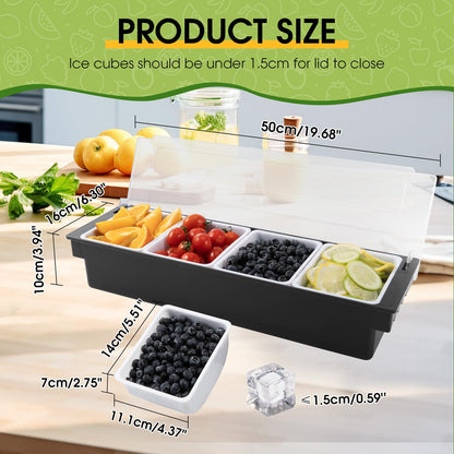 POWLAB Fruit, Veggie & Condiment Caddy with Lid Dispenser Tray Garnish Station for Bartending & Serving Taco (1, 4 Compartment)