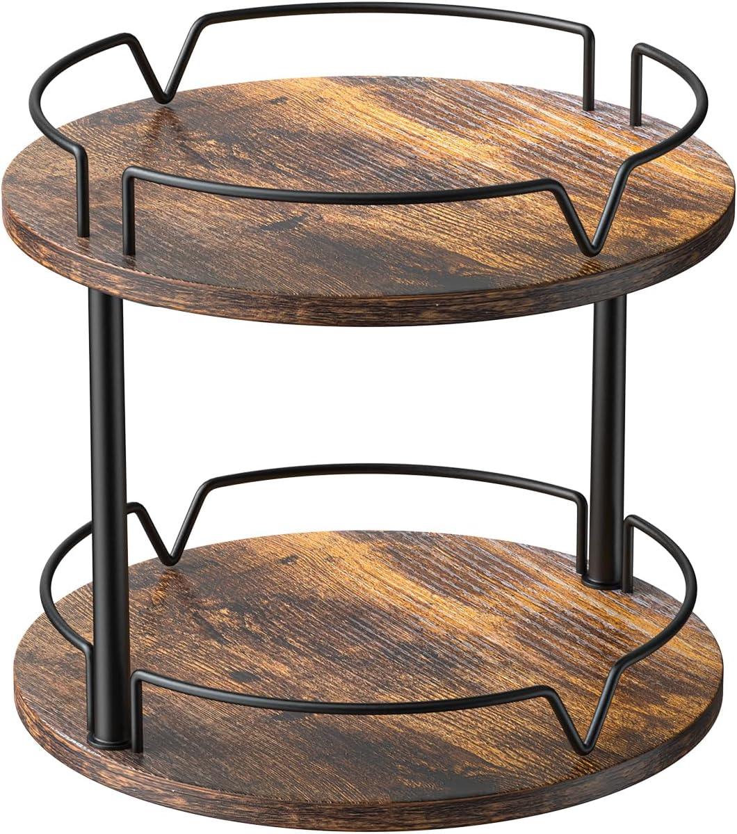 12" 2 Countertop KLM Wood Lazy Susan, Rotating Spice Rack, Tier Spice Turntable Organizer, Industrial Turntable Spice