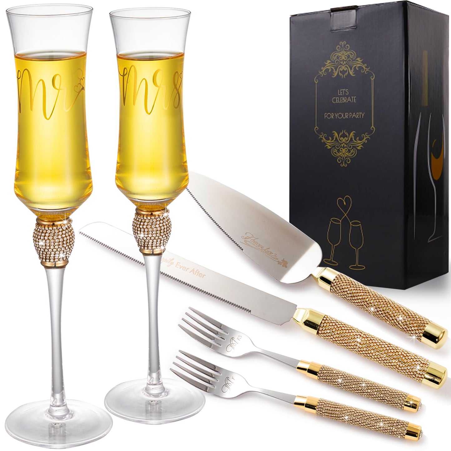 VARLKA Wedding Cake Knife and Server Set, Gold Cake Cutting Set for Wedding, Mr and Mrs Champagne Flutes for Bridal Shower Gifts Engagement Gifts for Couples