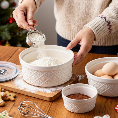 Large Mixing Bowls with Airtight Lids, Classic White Porcelain Embossed Nesting Salad Bowls for Baking and Cooking, 12/16/28/40oz Serving Bowls Set of 4, Oven and Dishwasher Safe, Thanksgiving Gift