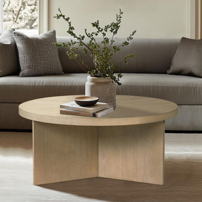 Martha Stewart Sadie Round Coffee Table – Starburst Veneer Top, Reclaimed Greige Wood Finish, Modern Accent for Living Room, Lounge, or Sitting Area, 36" Dia x 16.5" H