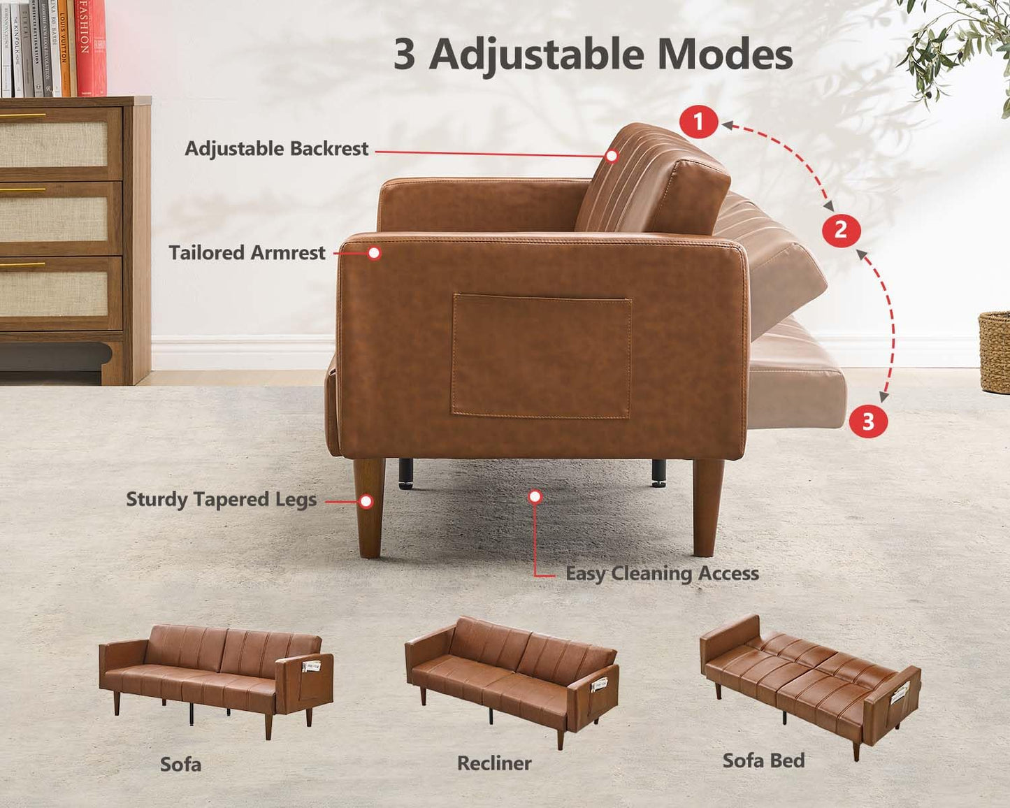 Garvee Modern Futon Sofa Bed, Convertible 75" Sleeper with Adjustable Backrest & Side Pockets, Mid-Century Brown PU Leather