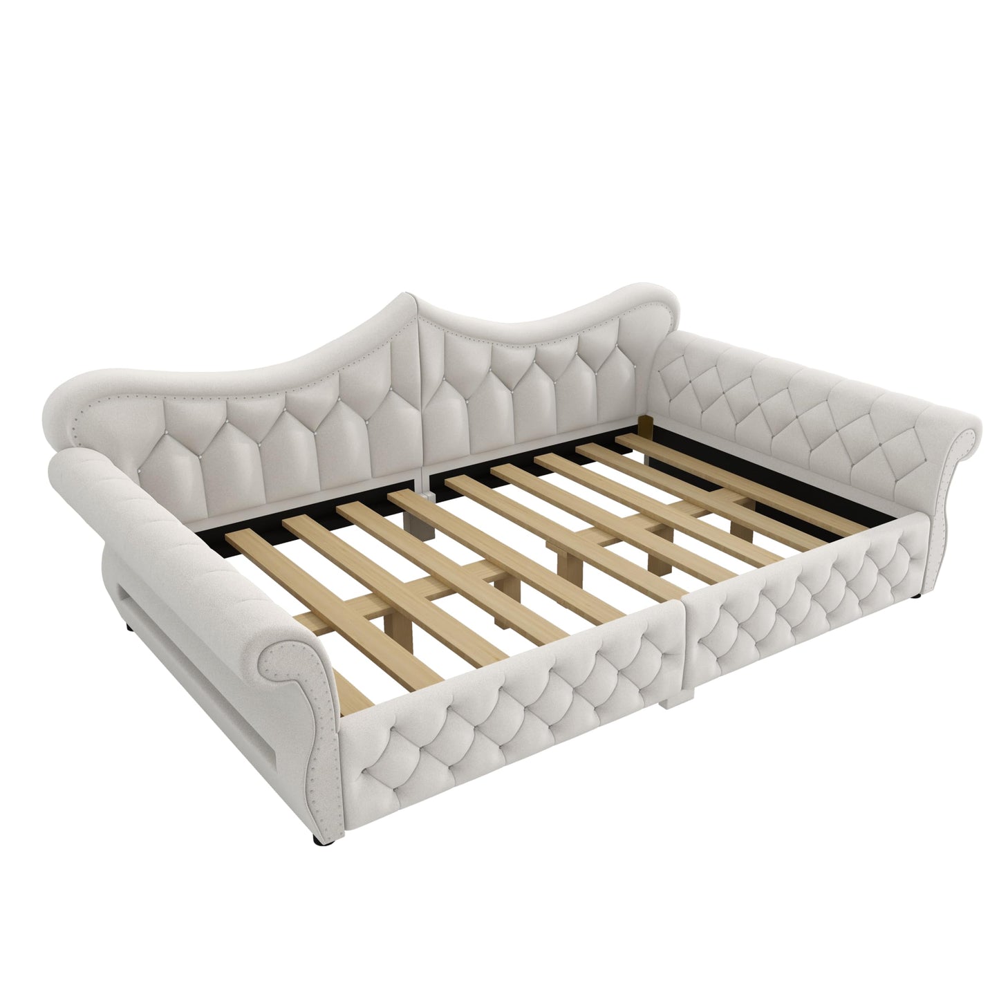 Merax Queen Size Upholstered Daybed with LED Lights, Convertible Sofa Bed, Tufted Daybed with Nailhead Trim, Wooden Frame Guest Bed for Living Room Bedroom, Beige