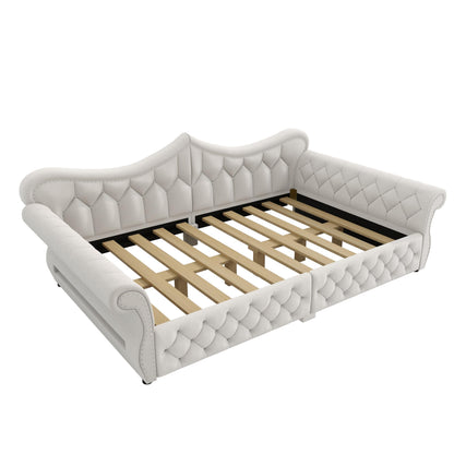 Merax Queen Size Upholstered Daybed with LED Lights & Nail Head Decoration,Convertible Sofa Bed with Tufted Diamond Upholstery,Rolled Armrests,No Box Spring Needed for Living Room,Beige