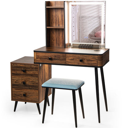 CHARMAID Makeup Vanity Table with Large Lighted Mirror, 3 Lighting Sets, Human Body Induction, Side Cabinet, 2 Drawers, Storage Shelves, Cosmetic Tray, Dressing Vanity Desk with Stool
