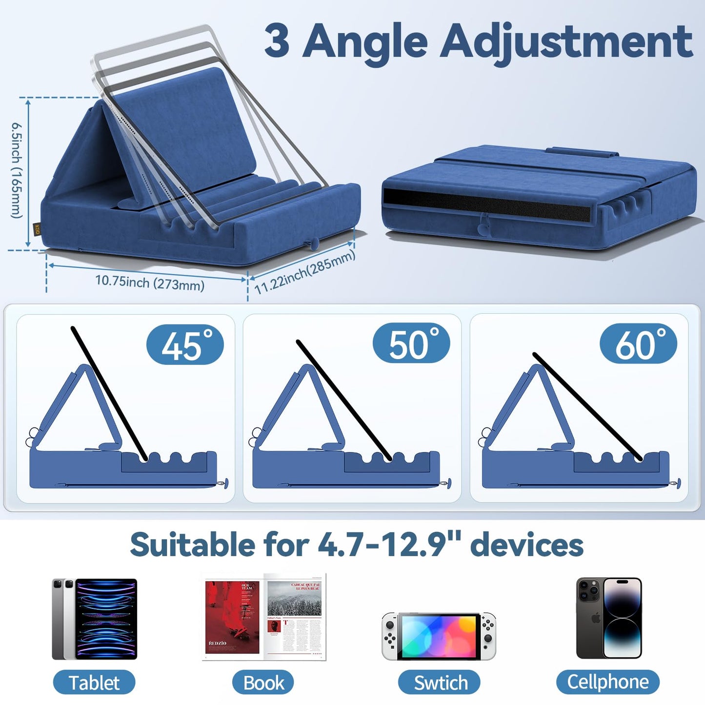 KDD Tablet Pillow Holder, Foldable iPad Stand for Lap, Bed and Desk -Tablet Soft Pad Dock with Pocket & Stylus Mount Compatible with iPad Pro 12.9, 10.5, 9.7 Air Mini 6 5 4 3, Galaxy Tab,E-Reader