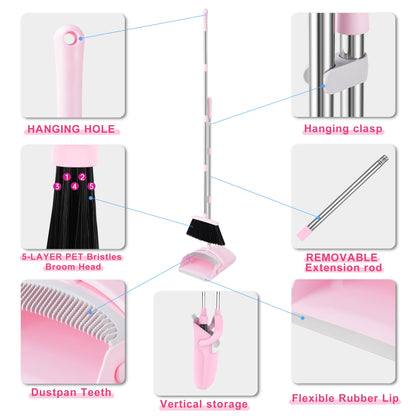 Pink Broom and Dustpan Set for Home, 52-in Long Handle Broom with Dustpan Combo with Dustpan Teeth Easy to Scrape Off Pet Hair, Indoor&Outdoor Sweeping（Pink）