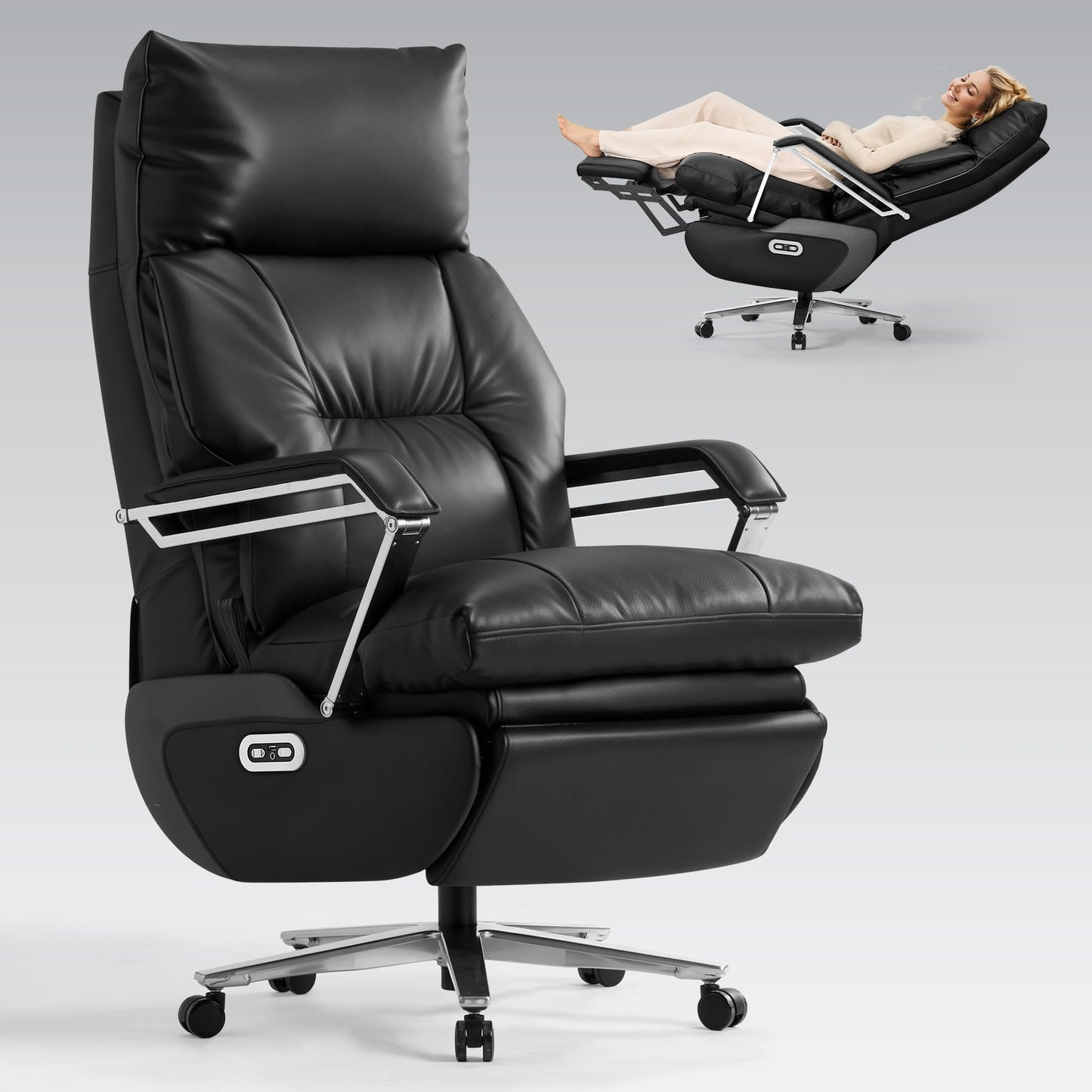 OKUP® M80 Dual Motor Electric Executive Office Chair with Footrest, Comfortable Reclining Office Chair Wide Seat, Ergonomic Leather Home Office Desk Chair, Black, No Massage