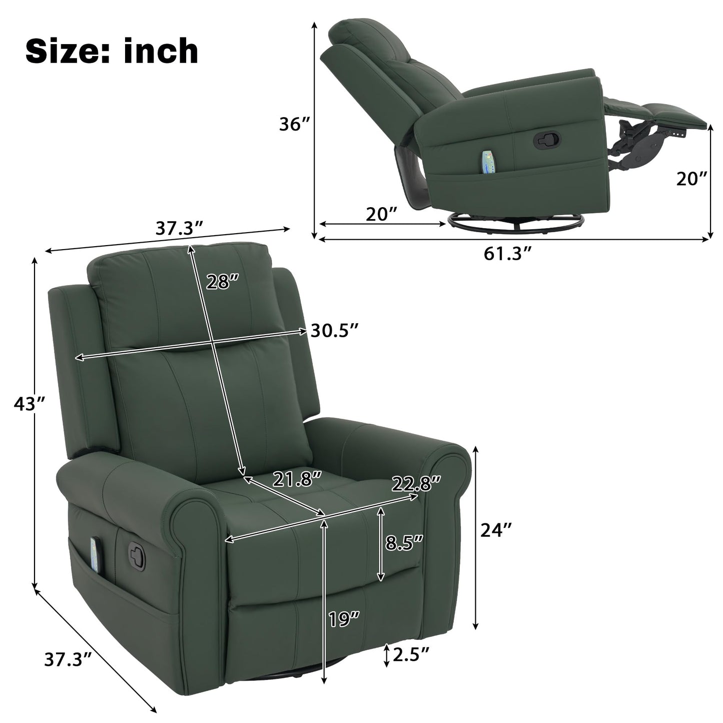 Merax 270°Swivel Rocker Recliner Chair, PU Leather Manual Recliner with Massage and Heating, Dual Reclining Positions and Side Pocket and for Living Room, Bedroom, or Nursery, Green