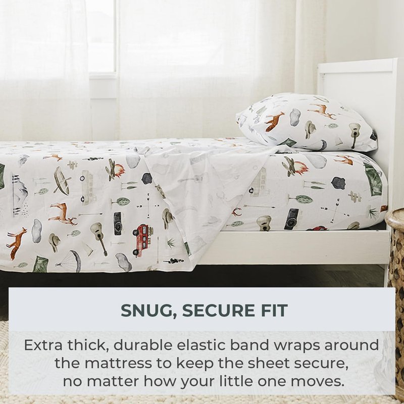 Pobibaby Premium Twin Full Sheets Sets, Kids Double Bed Sheets in Cotton Blend | Ultra-Soft Woodland Camping Print with Fitted Sheet, Flat Sheet & Pillowcases (Twin Explore)