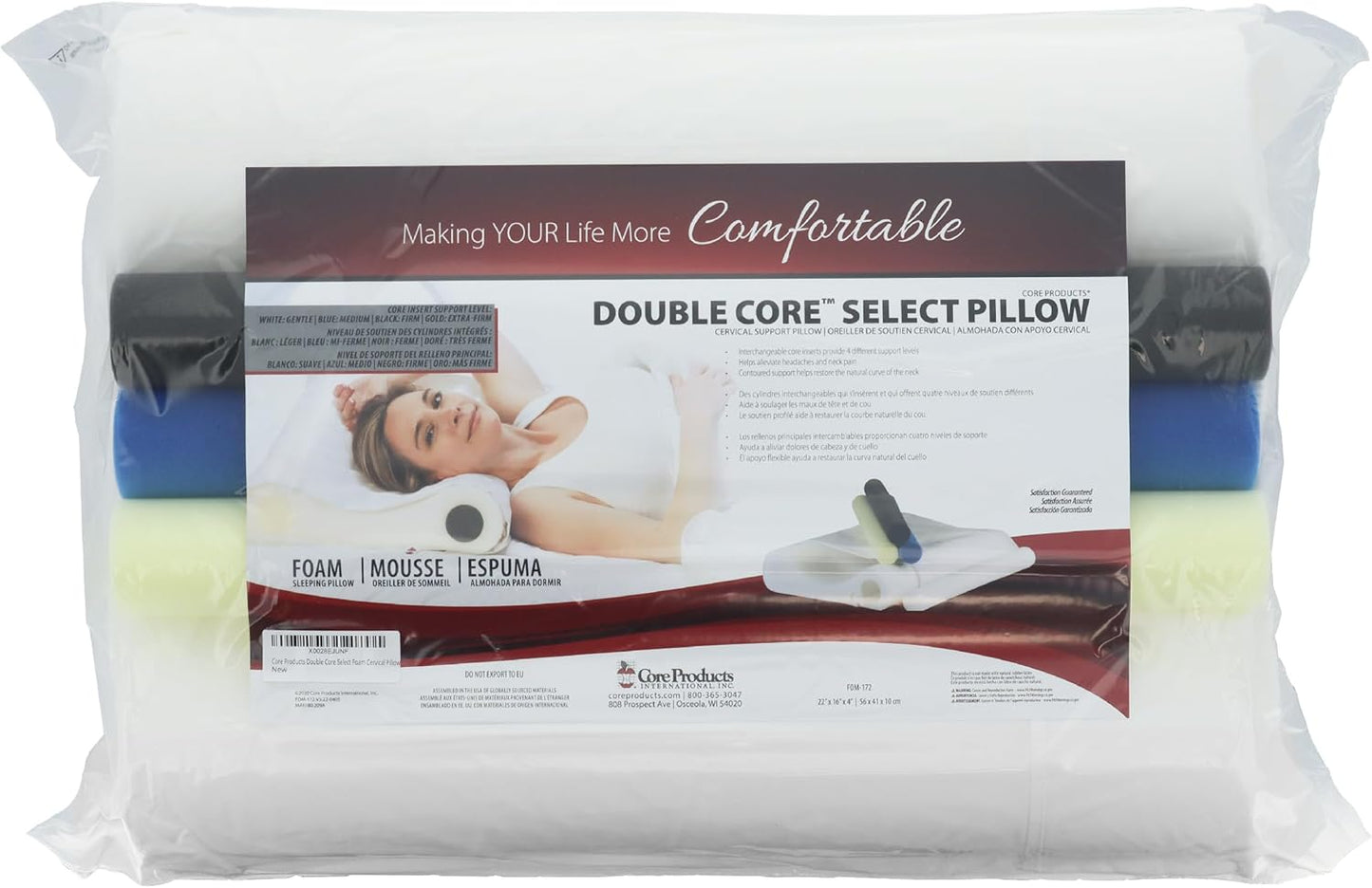 Core Products Double Core Select Cervical Pillow – Orthopedic Neck Support with 4 Adjustable Rolls for Pain Relief, Alignment & Posture – Contoured for Side & Back Sleepers – Assembled in USA