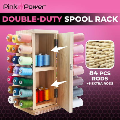 Pink Power 84 Spools Thread Holder Stand - 360 Full Rotating Wooden Thread Organizer - Embroidery Spool Holder Rack - Spool Storage box for Sewing, Quilting, Jewelry, and Hair-Braiding