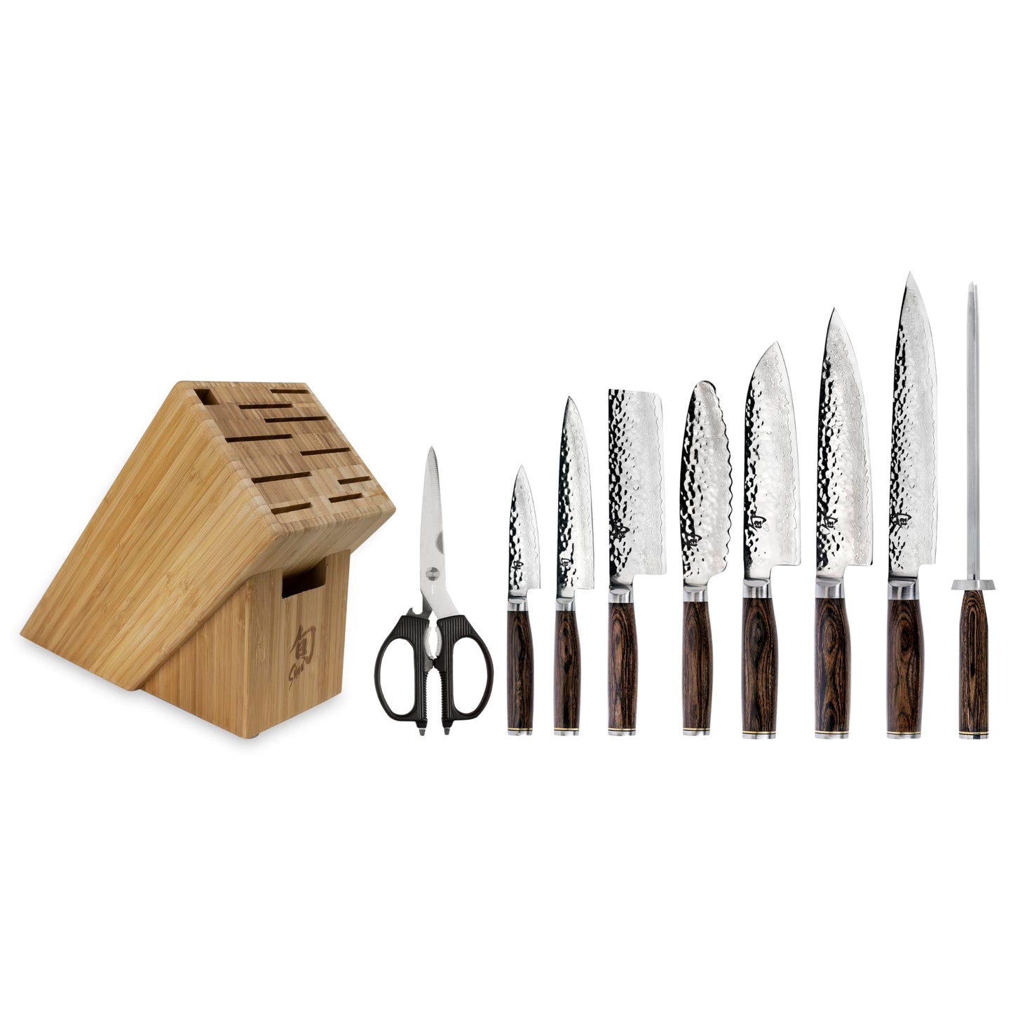 Shun Premier 10 Piece Block Set, Includes 8" Chef, 4" Paring, 5.5" Nakiri, 7” Santoku Knife, Honing Steel & More, Handcrafted Japanese Knife Set, Damascus Stainless Steel Cladding, Pakkawood Handles