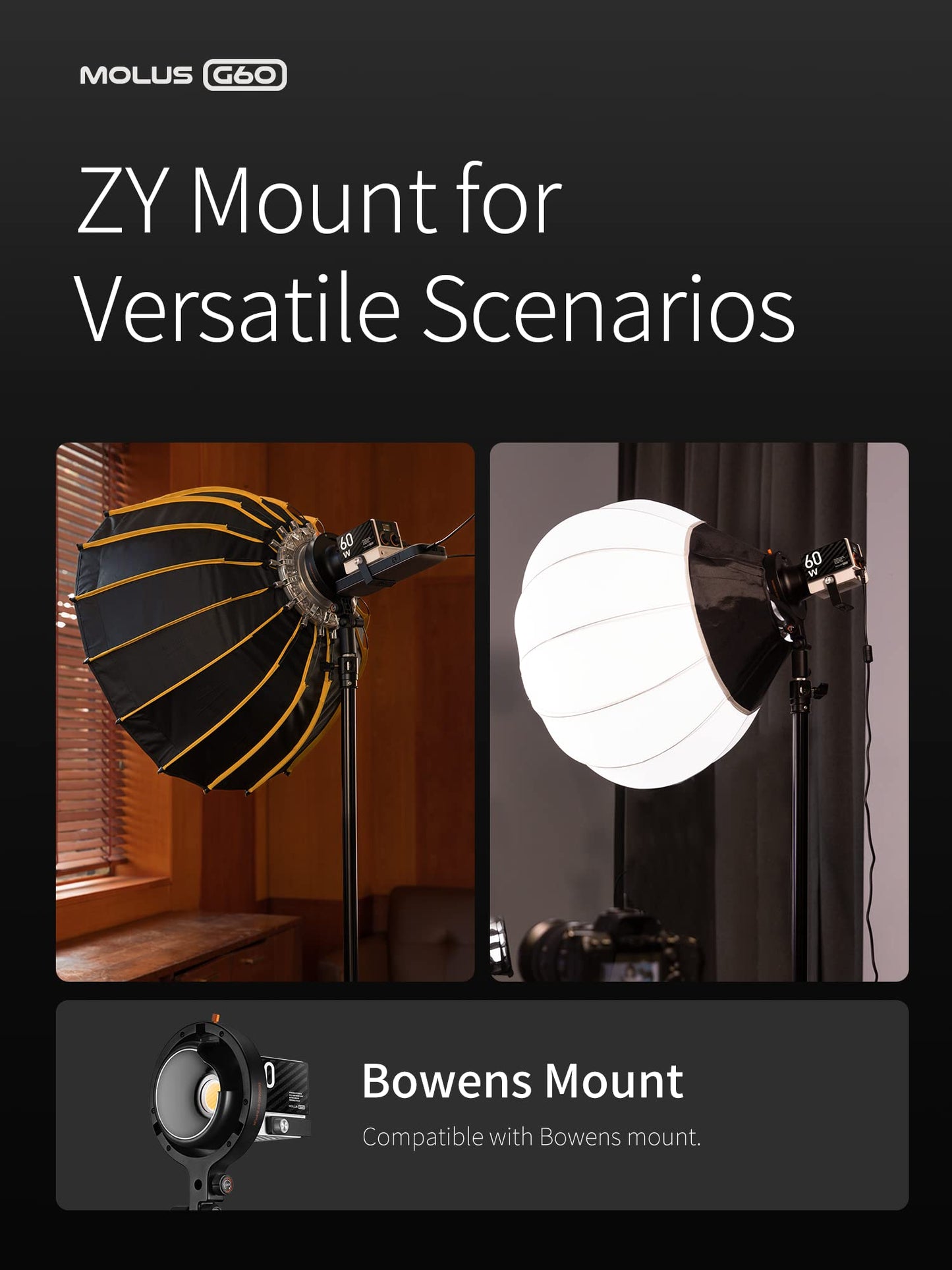 ZHIYUN Molus G60 Combo, Bi-Color Video Light, 300g Portable 60W COB LED Continuous Output Lighting, CRI≥96, TLCI≥97, Bluetooth App Control with Bowens-Mount Accessories DC/PD Power Supply