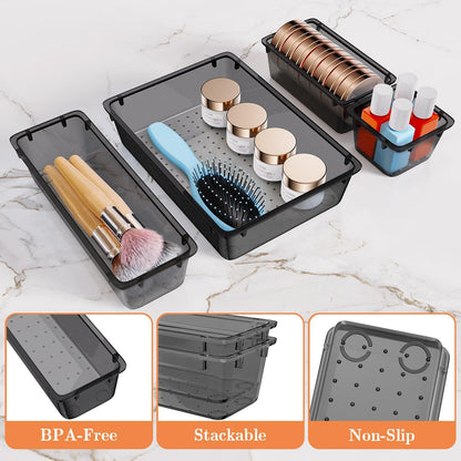SpaceHacks 25 PCS Plastic Drawer Organizer Set, 4-Size Versatile Organizer Tool Trays & storage Bins for Makeup, Jewelry, and Gadgets in Bathroom, Bedroom and Office,Clear Black