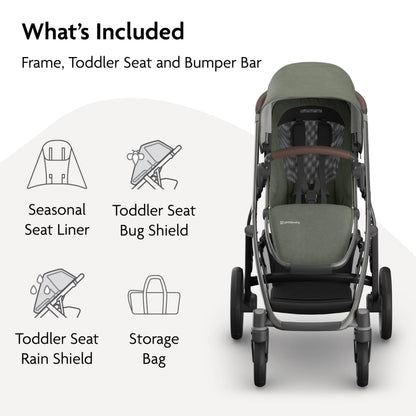 UPPAbaby Vista V3 Full-Size Single-to-Double Stroller System, Toddler Seat, Bug & Rain Shields, Storage Bag Included, Evelyn (Meadow Green/Graphite Frame/Chestnut Leather)