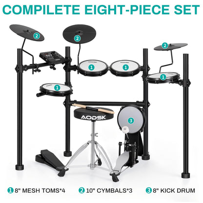 AODSK Electric Drum Set with Quiet Mesh Pads,Electronic Drum for Beginner,USB MIDI,Throne,Headphones,Sticks, Included 40 Kits and 450 Sounds