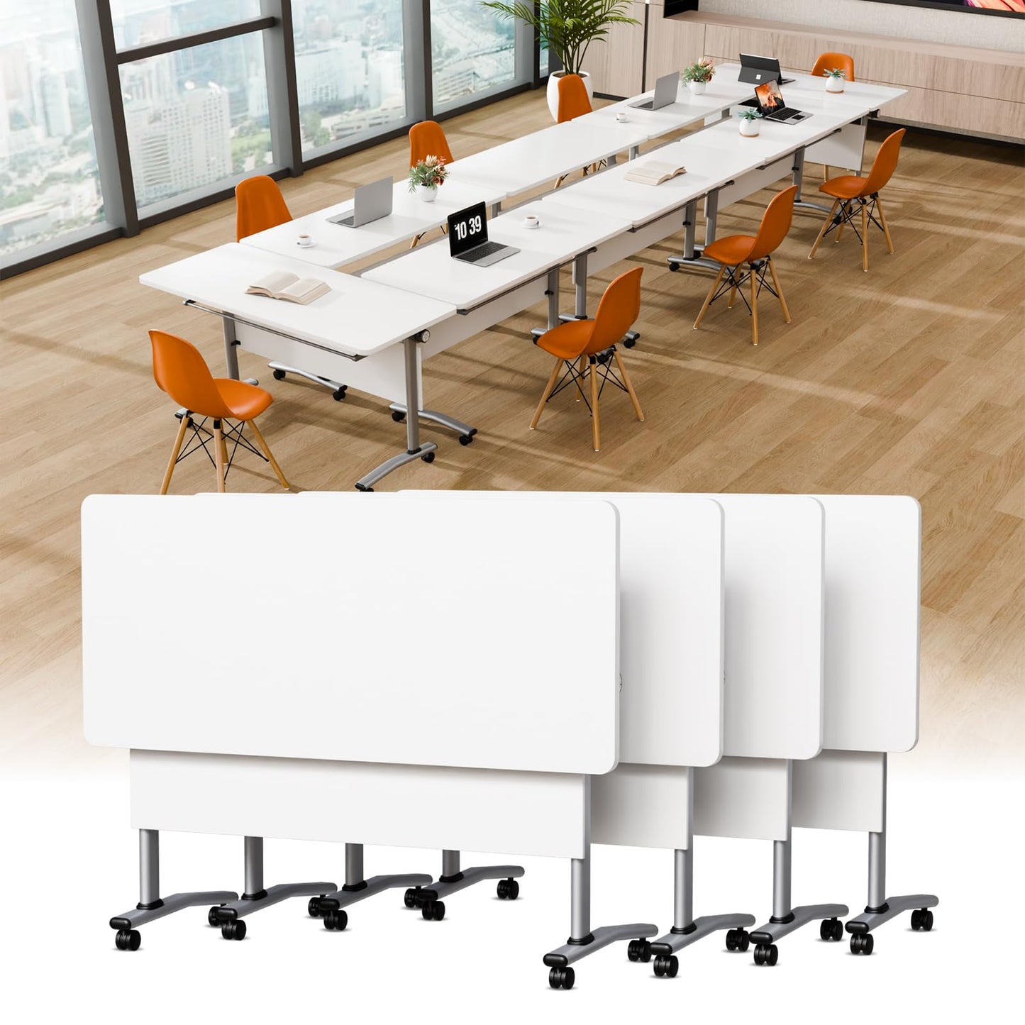 JFazzruit Conference Room Table with Wheels, Modular Flip-Top Folding Conference Tables for Training Rooms Classrooms Seminars Mobile Conference Table for Meeting Room Business (Silver 6P140)