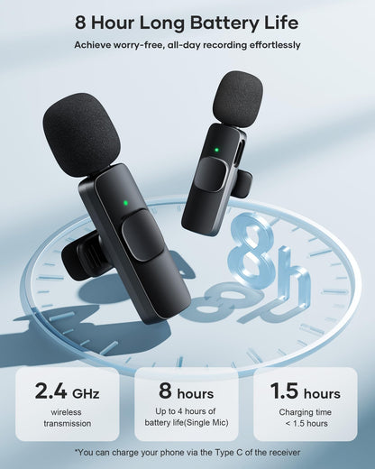 2 Pack Wireless Lavalier Microphone for iPhone iPad and Android Phone, Lapel Mic Plug and Play Wireless Mic Noise Reduction Mini Microphone for Video Recording Interview Podcast Vlog YouTube Tiktok