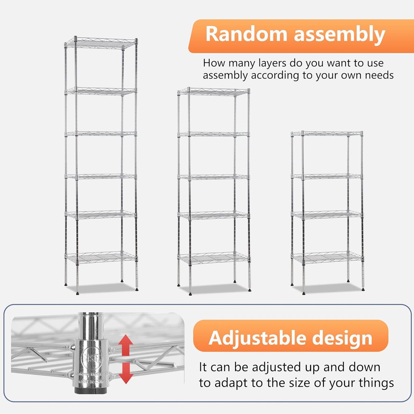 FDW 6 Tier Wire Shelving 17L x 12W x 64H, Adjustable Metal Shelves for Kitchen, Garage, Chrome