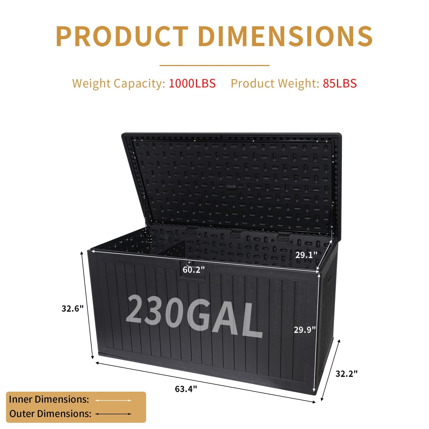 LANTRO JS 230 Gallon Deck Box Waterproof, Outdoor Storage Box Waterproof Lockable with Divider and Lifter Prevent Water Seeping into from Floor for Patio Cushions