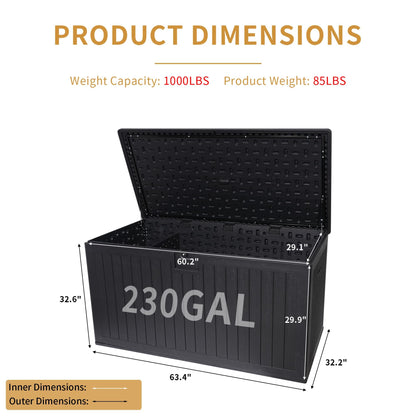 LANTRO JS 230 Gallon Deck Box Waterproof, Outdoor Storage Box Waterproof Lockable with Divider and Lifter Prevent Water Seeping into from Floor for Patio Cushions