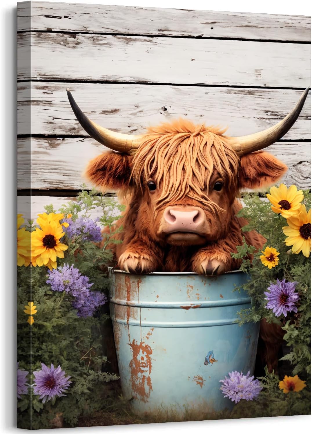 Cute Highland Cow Baby in Bucket Canvas Wall Art, Funny Animal Bathroom Decor, Farmhouse Cow Picture with Colorful